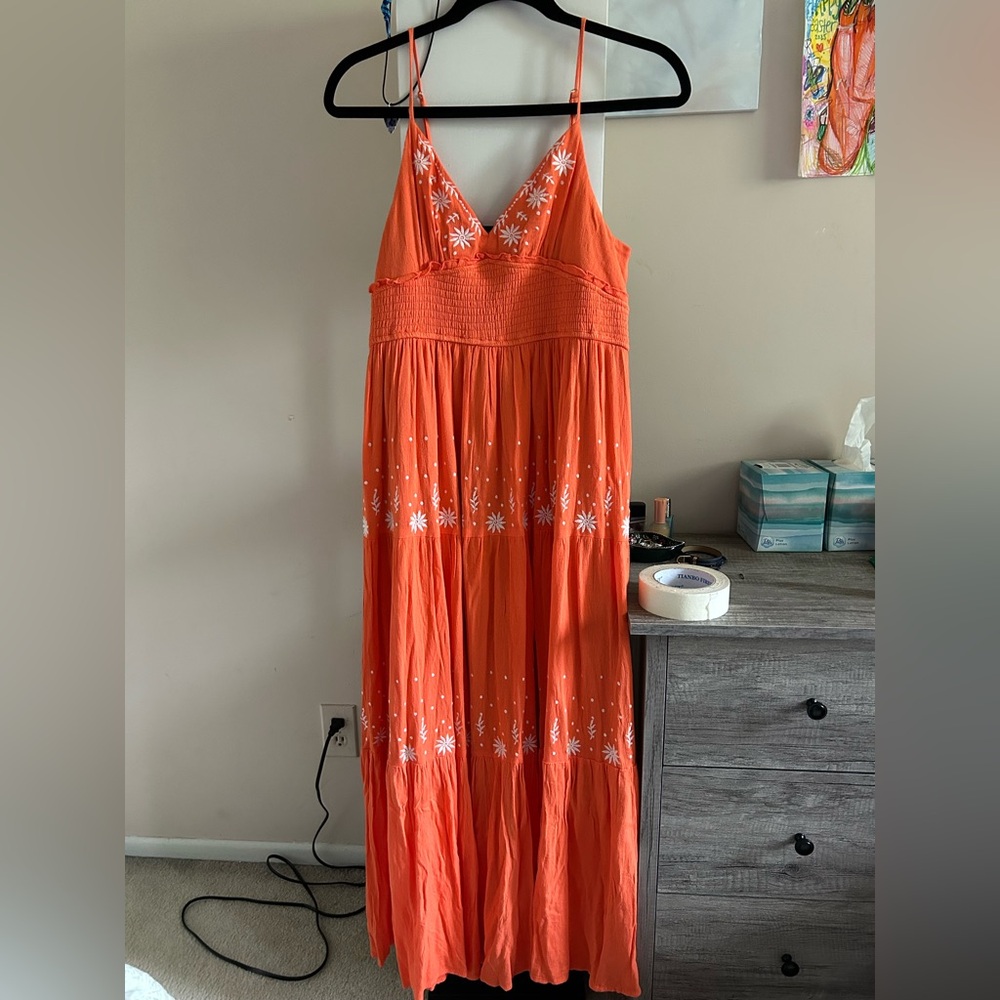 Orange Maxi Dress with White Floral Design